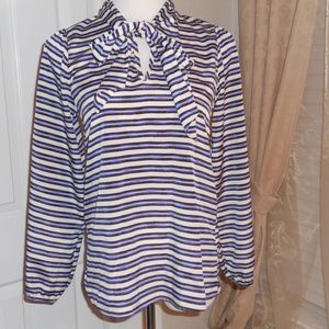 Women's blouse with bow tie attached. blue, white,